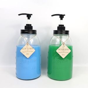 Glass Laundry Detergent Dispenser, Besuerte Two 50oz Large Laundry Containers for Liquid Detergent with Pump, Farmhouse Mason Jar Laundry Soap Dispenser, Laundry Room Detergent Dispenser, Clear
