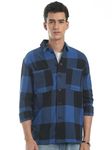 GLORYBOYZ Checkered Full Sleeve Shackets Cotton Blend Shirt for Men Double Pocket Regular Fit Checks Classic Collar Stylish Shirt Comfortable Check Layered Shirt for Office Casual Wear (Royal Blue L)