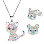 jagosen Girls Jewellery Set 2PCS Sterling Silver Cat Earrings Studs Cat Necklace for Women Girls Kids Childrens Jewellry Cute Crystal Animal Cat Lovers Gifts