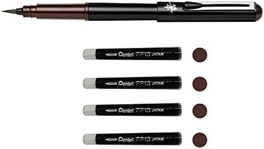 Pentel GFKPN-SP0 Bolígrafo con tinta sepia de pigmentos para caligrafía, bocetos, dibujos en sepia con 4 cartuchos