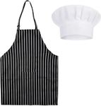 DGHOME Apron and Chef Hat Set, Chef Outfit Adult, Adjustable Bib Apron Anti-Fouling with Pockets Black and White Striped Halter Apron for Unisex Suitable for Home Kitchen, Gardening, Cafes House