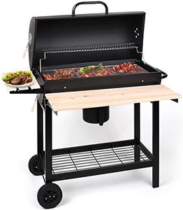 oneConcept Beefbutler - griglia a Carbone, griglia da Giardino, griglia Diretta e indiretta, 2 Ripiani in Legno, 4 Aperture di Ventilazione, Contenitore Rimovibile, Ruote per Trolley, Nero