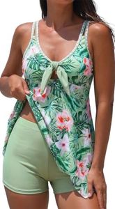 Firpearl Women 2 Piece Flowy Tankini Swimsuits with Boyshorts V Neck Swim Tank Tops Bathing Suits Modest Swimwear 2XL/US16 Mint Green Floral