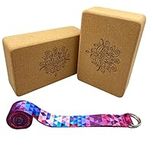 Aozora Cork Yoga Block Sustainable & Eco Friendly 2 Pack and Yoga Strap Set Made of The Finest Natural Cork for Better Support, Balance & Comfort (Lotus, 9 * 6 * 3（2pack）)