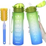 32oz Leakproof Water Bottle with Time Marker & Straw lid to Ensure You Drink Enough Water Throughout The Day for Fitness and Outdoor Enthusiasts, BPA Free, with Straw Brush (Ombre Green Blue)