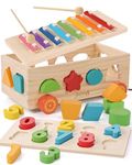 Shape Sorter - Wooden Xylophone and Montessori Number Puzzle Set for Babies - Educational Sorting Game with Storage Car for Toddlers