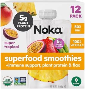 Noka Super Tropical Smoothie Superfood Fruit Smoothie Pouches, Super Tropical Smoothie, Healthy Snacks with Flax Seed, Prebiotic Fiber and Plant Protein, Vegan and Gluten Free, Organic Fruit & Veggie Squeeze Pouch, 4.22 oz, 12 Count