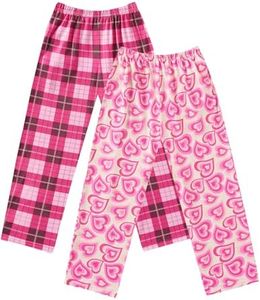 Ekouaer 2 Pack Girls Soft Pajamas Pants Cute Print Pattern PJ Bottoms Comfortable Lounge Long Pants with 2 Pockets Plaid and Heart Print Pants 160