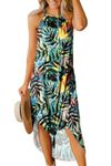 For G and PL Women's Summer Side Slit Halter Maxi Dress, Tropical Foliage, X-Large