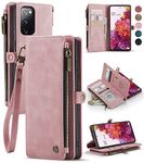 Defencase Wallet Case Compatible with Samsung Galaxy S20 FE 5G with RFID Blocking Card Holder for Women Men, PU Leather Magnetic Snap Flip Strap Zipper Phone Case Suitable for Galaxy S20 FE, Rose Pink