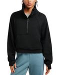 CRZ YOGA Women's Fleece Lined Half Zip Sweatshirt Soft Pullover Funnel Neck Long Sleeve Pockets Jumper Shirt with Thumb Holes Black 12