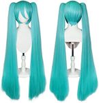 Ebingoo 47 Inch Long Green Wig with Bangs for Women with Two Detachable Ponytails + Wig Cap Long Straight Synthetic Green Cosplay Wig for Halloween Costume Party Anime