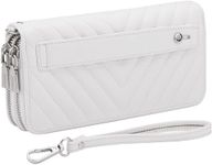 B BRENTANO Vegan Leather Double Zipper Pocket Wallet with Grip Hand Strap, Chevron Embroidered White, Wallet With Hand Grip