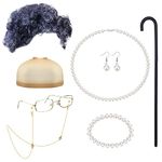 JeryWe 8 Pieces Old Lady Costume Cosplay Set Grandma Wig Cap Glasses Chain Cords Pearl Beads Necklace Earrings