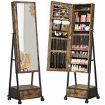 SONGMICS Jewellery Cabinet, High Full Length Mirror, Standing Lockable Jewellery Organiser with Bottom Drawer, Shelf, Wheels, Gift Idea, Rustic Brown and Black JJC004X01