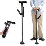 JINER Clever Cane with LED Light, Travel Adjustable Folding Canes, Security Alarm, Two Cushion Handles - Foldable, Light Weight Walking Stick for Arthritis Seniors Disabled and Elderly