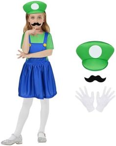 AOOWU Luigi Children's Costume, 4 Pieces Mario and Luigi Costume, Cosplay with Hat, Gloves, Beard for Girls, Luigi Bodysuit, Cosplay for Carnival, Halloween, Christmas, Fancy Dress Costumes (Green-M)