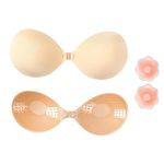 Push Up Bra Strapless Stick on Bra, Backless Self Adhesive Bra with 2 Nipple Covers, Women Sticky Silicone Invisible Skin-Friendly Bra for Party, Bar, Wedding, Deep V, All Backless Clothes (Beige, C)