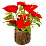 Dekorly Artificial Sunflowers, Rose, Anthurium Fake Flowers Potted Artificial Plants Decorative Artificial Flowers Indoors for Home Office | Natural Wooden Pot (Anthurium, Height : 18CM)