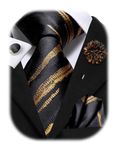 Hi-Tie Mens Tie Pocket Square Set Cufflinks Lapel Pin Silk Ties for Men Wedding Party Formal Business,Black Gold Stripe