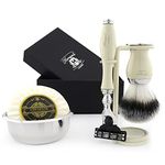 Haryali London 4 Pc Mens Shaving Kit 3 Edge Razor with Synthetic Badger Hair Shaving Brush, Stand and Bowl Perfect Set for Men