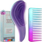 Lily England Detangle Hair Brush & Wide Tooth Comb Set - Lightweight Detangler for Women, Kids & Toddlers with Flexible Bristles - Detangling Comb & Hairbrush Kit for All Hair Types, Purple