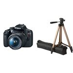 Canon EOS Rebel Camera with Built-in Wi-Fi and Amazon Basics Lightweight Camera Mount Tripod Stand with Bag