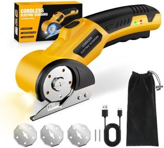 Zeleki Cordless Electric Scissors: 4V Rechargeable Cardboard Cutter, 3 Blades, Safety Lock & LED Light, Box Cutter for Carton Carpet Plastic Fabric Leather(Yellow）