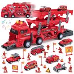 CUTE STONE Fire Truck Toys, Three-Tiered Folding Transport Truck, Ejection Play, Carrier Rescue Vehicle Playset W/Sound& Lights, 6 Mini Alloy Fire Engine Trucks, Education Car Gift Toys for Kids Boys