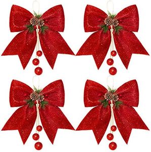 Whaline 4pcs Christmas Bow, Red Wreaths Bows, Christmas Tree Bow Glitter, Sequin Bow Ties, Xmas Decorative Bows for Home Ornament Decoration, Christmas Party, 9.8 x 11.8in
