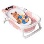 Collapsible Baby Bathtub for Newborn with Soft Floating Cushion & Thermometer, Portable Infant Bathtub with Drain Hole, Durable Foldable Bath Tubs for Infants to Toddler Applicable 0-36 Month (Pink)