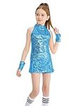 LOLANTA Girls Sequin Dance Costumes Sparkle Hip Hop Jazz Dance Outfits Sleeveless Top Shorts (Sky blue, 7-8)