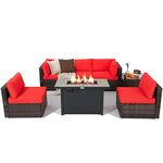 Tangkula 7 Piece Patio Furniture Set with Fire Pit Table, Includes 42 Inches 60,000 BTU Propane Rectangle Fire Pit Table and Protective Cover, Outdoor Cushioned Sectional Sofa Set for 5