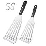 Fish Spatula, Herogo 2 Pieces Stainless Steel Fish Turner with ABS Solid Handle, Metal Slotted Spatula Turner for Flipping, Frying and Grilling, Attached S Hooks, Dishwasher Safe (11inch & 12.5inch)