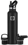 IRON °FLASK Camping & Hiking Hydration Canteens - 3 Lids (Narrow Straw Lid) Leak Proof Vacuum Insulated Stainless Steel - Hot & Cold Double Walled Sports Water Bottle - Midnight Black, 24 Oz