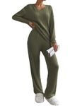 Famulily Ribbed Baggy Tracksuit Womens Full Set V Neck Jumpers and Wide Leg Trousers, Ladies Two Piece Outfits Loungewear Sets Winter Nightwear Leisure Wear (L, Army Green)