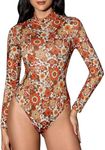 Verdusa Women's High Neck Long Sleeve Floral Print Tee Bodysuit Leotard Tops Orange Multi Large