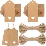 G2PLUS Brown Gift Tags with Heart, 100PCS Blank Paper Tags with String, 4.5x9.5CM Large Gift Labels for Wedding Favors, Craft Paper Tags for Presents, 300g/m²