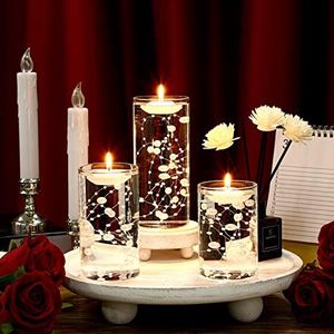 9 Set Glass Cylinder Vases for Centerpieces, Multiple Size Clear Hurricane Candle Holder with Floating Candles Artificial Pearl String for Wedding Table Decor (White,4",4.7", 6")
