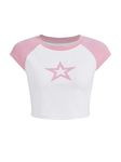 SweatyRocks Women's Graphic Print Round Neck T Shirt Short Sleeve Crop Tee Tops, Star White Pink, Large