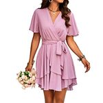 TcIFE Women's Solid Casual Dress V Neck Short Sleeve Ruffle Hem Belted Dress High Waist Short Mini Dress, Pink, L