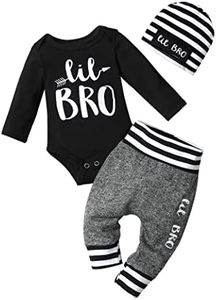 Fommy Newborn Baby Boy Clothes New to The Crew Letter Print Romper+ Pants+Hat 3PCS Outfit, Black+grey08, 3-6 Months