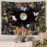 Simpkeely Moon Garden Tapestry Mushroom Moonlit Tapestry Wall Hanging Floral Tapestry Butterfly Plant Poster Country Tapestry for Bedroom Dorm Living Room - 150 x 200 cm