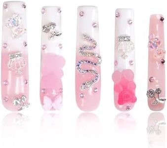 LOVFUL Press on Nails Marshmallo Gummy Bear Square | Luxury Diamond Pink Cotton Candy Nails| Pink Nails| Square Nails | Square Long 2.2 in | H26 (L)