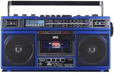 QFX J-220BT Blue Boombox MP3 Conversion from Radio to Cassette with 4-Band (AM, FM, SW1, SW2) Radio with Bluetooth, Dual 3” Speakers, Built-in Microphone, Recorder, and a 3-Band Equalizer