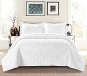 Prime Linen Quilted Bedspread Embossed Pattern Comforter Coverlet Bedding Set Bed Throw With 2 Pillow Shams (Ruffle White, Double)