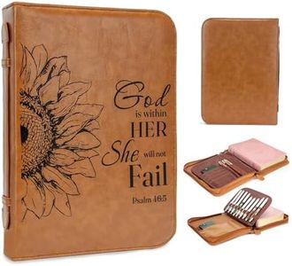 GUEER Bible Cover for Men, Bible Holder, Bible Cover Carrier Carrying Organizer Bag, Zipper and Pockets for Standard Size Bible, Gift for Men (Leather Flower)