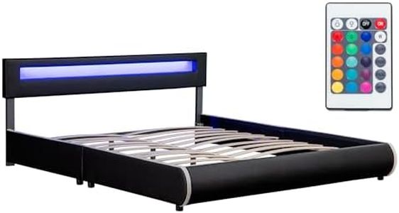 Juskys Lit rembourré Sevilla 180 x 200 cm, Cadre de lit avec éclairage LED et sommier à Lattes, Bois et Simili Cuir, lit Double King Size (Noir) (180x200cm)