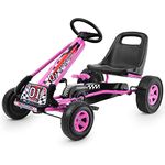 Costzon Go Kart for Kids, 4 Wheel Off-Road Pedal Go Cart w/Adjustable Seat, Steering Wheel, 2 Safety Brakes, EVA Rubber Tires, Ride-On Toys for Boys & Girls, Outdoor Racer Ride On Pedal Car (Pink)