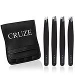 CRUZE Tweezers Set of 4 Precision Tweezers for Facial Hair Women and Men – Eyebrow Tweezers, Eyelash Tweezers, Slanted and Pointed Tip for Ingrown Hair, Tweezers Professionals with Firm Hair Grip.